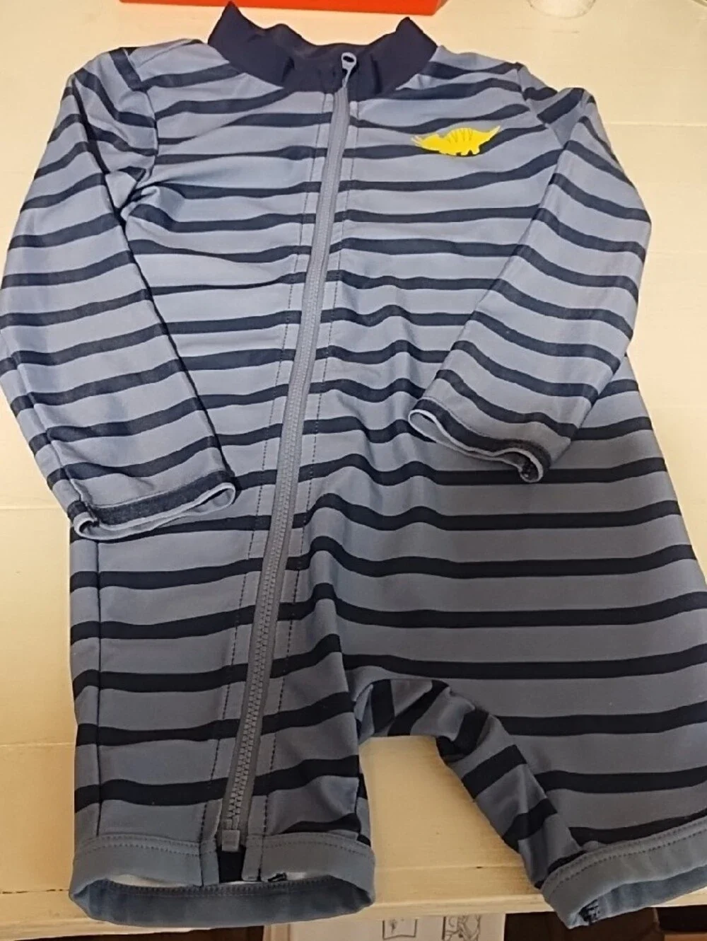 Carter's Blue Striped Long-Sleeve Rashguard with Yellow Dino Like New 2T.